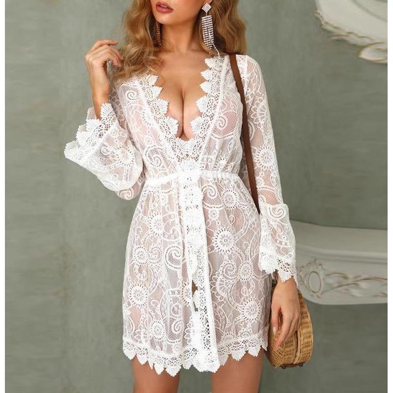 

Модный стиль Отпускной стиль Пляжная накидка Сексуальный вырез Солнцезащитный Кружево Кружево Платье с длинным рукавом Короткая юбка Трендовые женщины White L