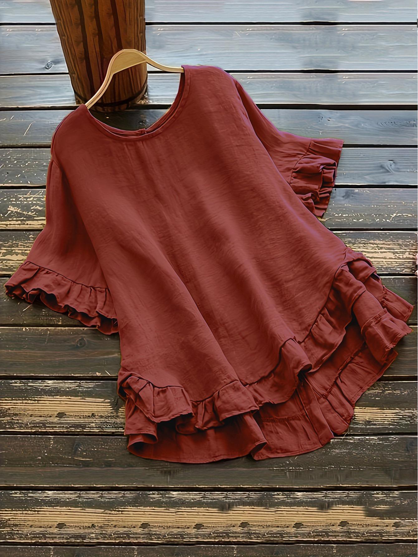 

2026 Solid Color Ruffle Round Neck Short Sleeve Button Women s Shirt Small
