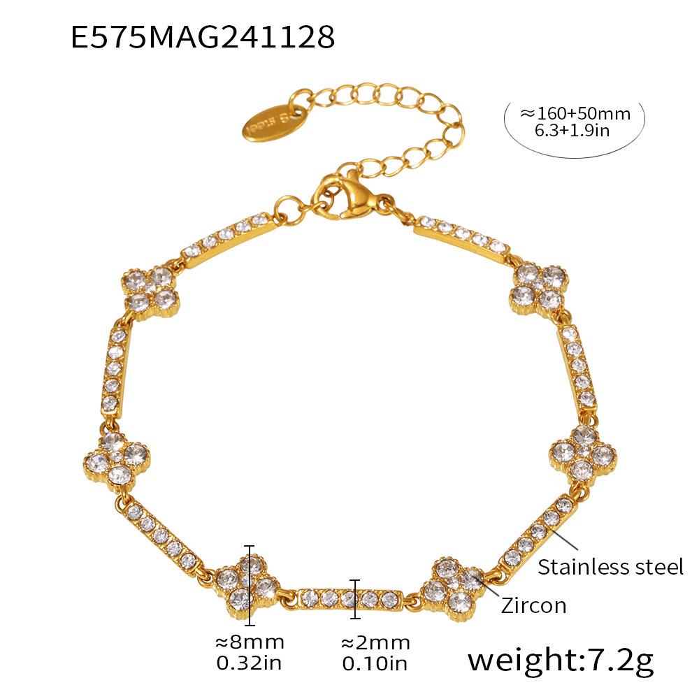Qiong Yao Stainless Steel Four-Leaf Clover Zircon Bracelet with PVD Gold Coating