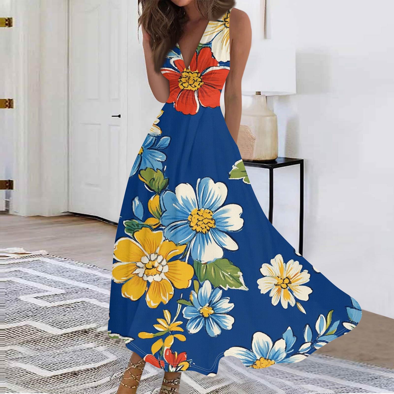 

Женские модные повседневные свободные платья с V-образным вырезом без рукавов с принтом XL жёлтый