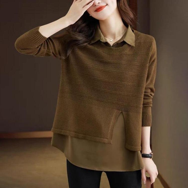 Oversize Cotton Shirt for Women Loose Blouse Long Sleeve Pullover Top Turn Down Collar Casual Fake Two Pieces