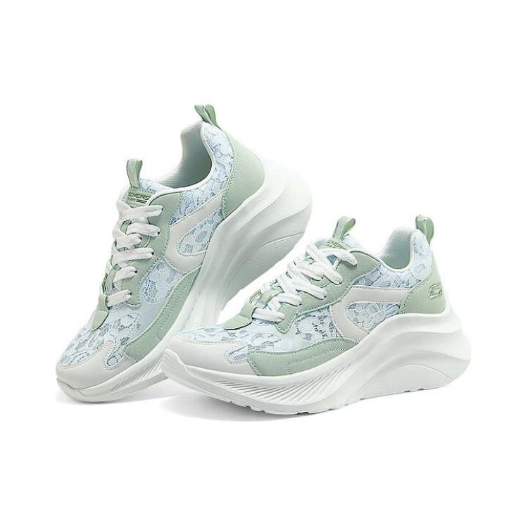 Skechers Mesh Comfortable Versatile Wear-Resistant Breathable Height-Increasing Low-Top Dad Shoes Women sneaker White Green 117520-SAGE
