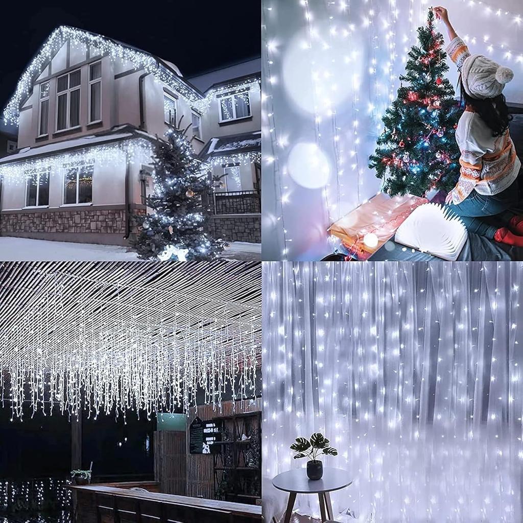 Solar Christmas Lights Outdoor Waterproof Christmas Decorations Curtain Lights 320LED 29.5ft 60 Drops, Solar Powered Rechargeable Fairy Lights for
