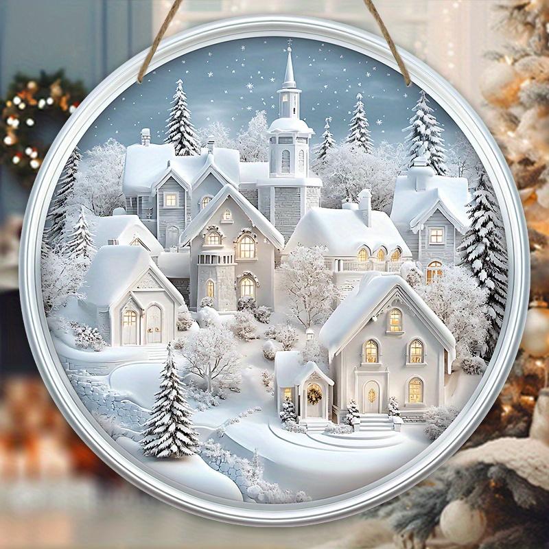 Rustic Christmas Wooden Sign with Snow House Pattern - Navidad Round Sign for Front Door, Wall Hanging Decor - Ideal Christmas Decoration