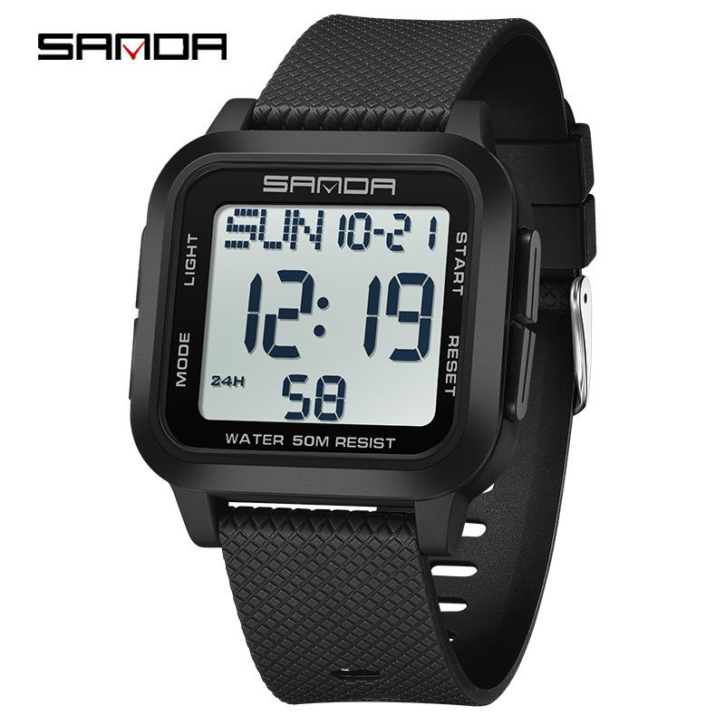 Sanda Student Sports Watch - Waterproof, Luminous Large Dial, Countdown Timer, Multifunction Alarm Clock, Square Electronic Design