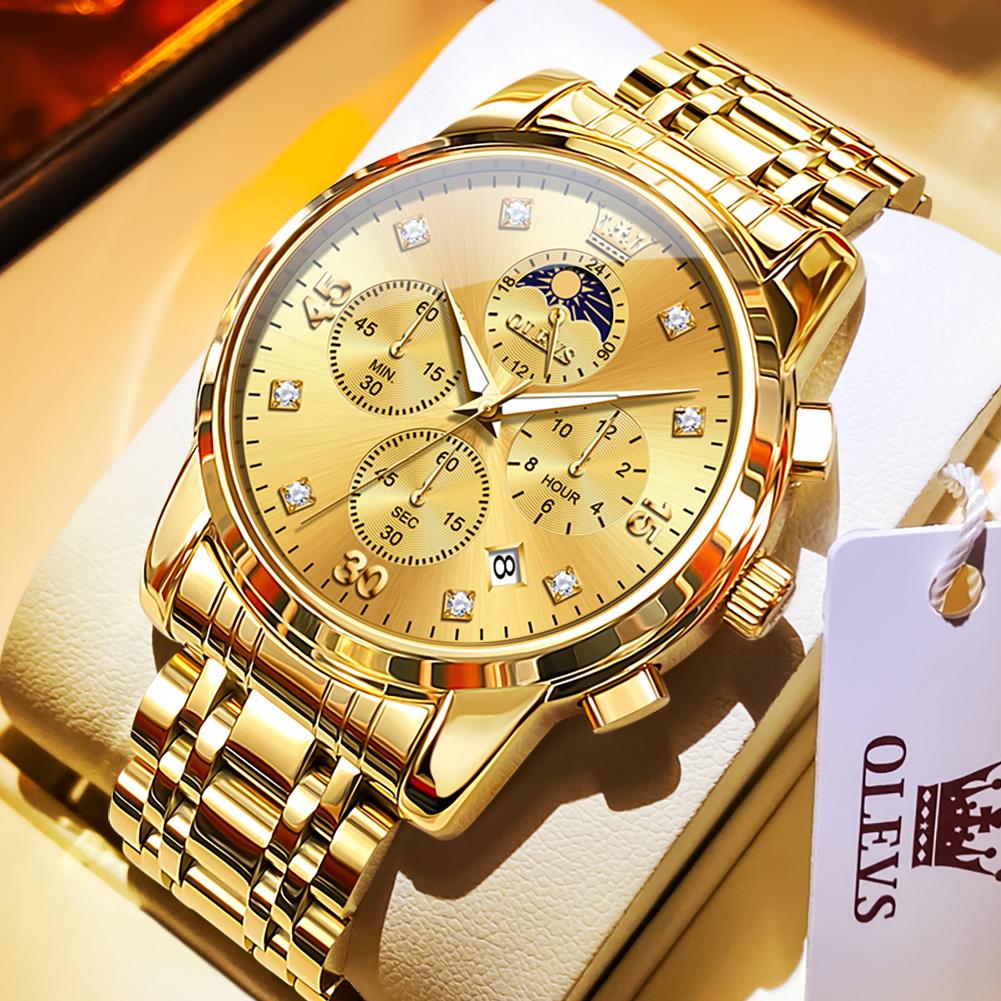 OLEVS Golden Steel Chronograph Moon Phase Mens Watches Top Brand Luxury Quartz Wrist Watches For Men Relogio Masculino