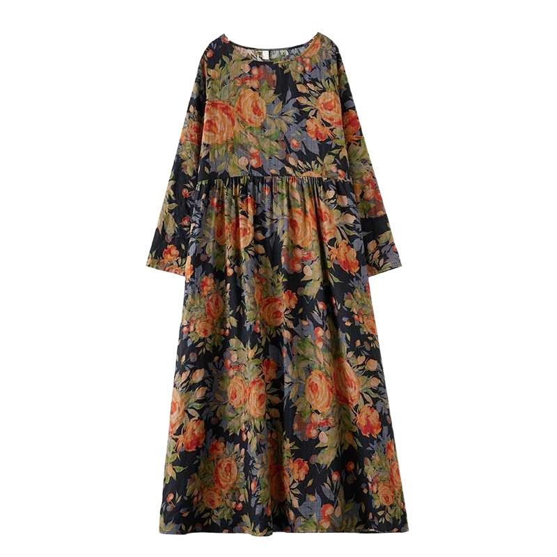 Printed Round Neck Loose Plus Size Long Sleeve Dresses for Women