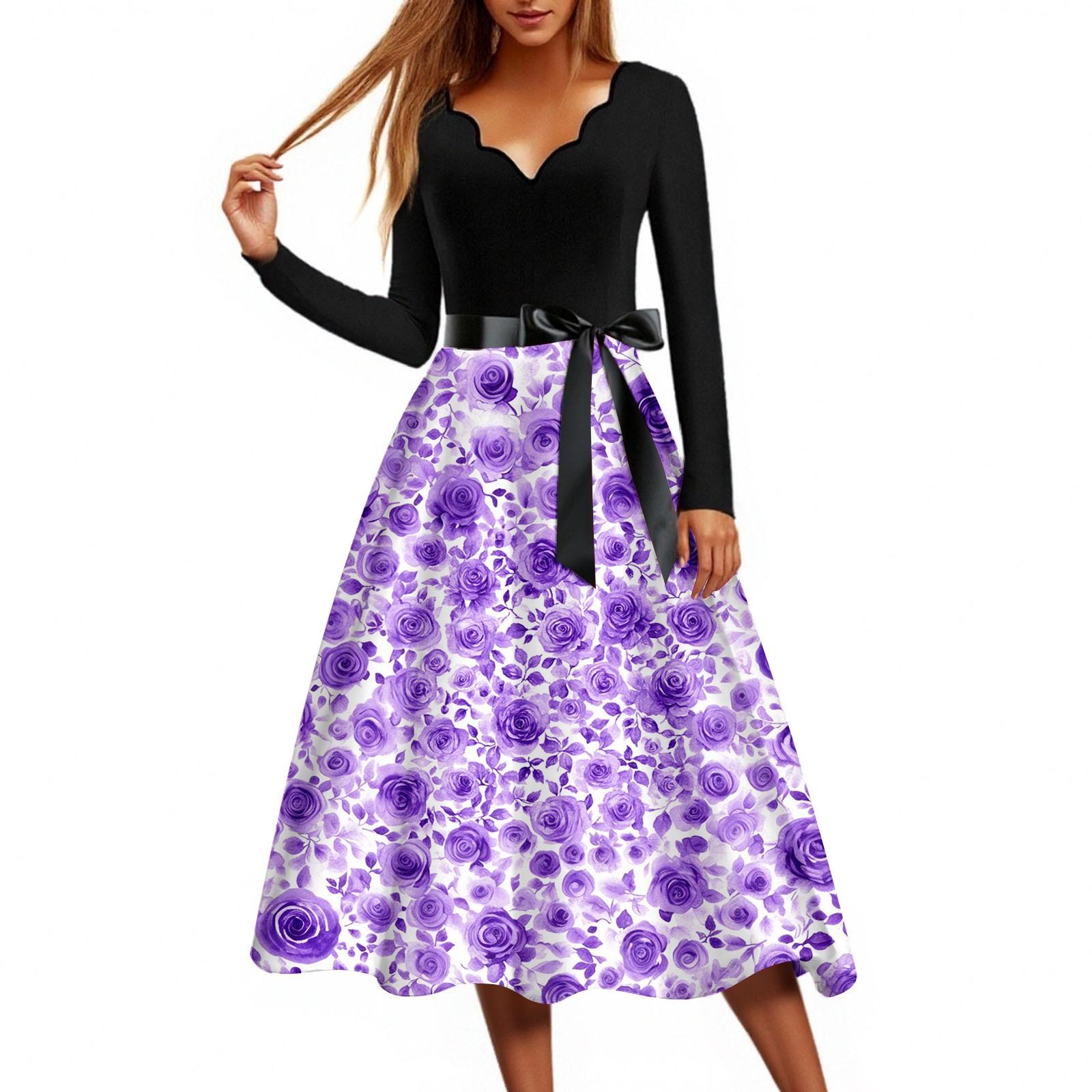 

Women s Casual Fashion Floral Print Wave V Neck Vintage Dress XXXXXL фіолетовий