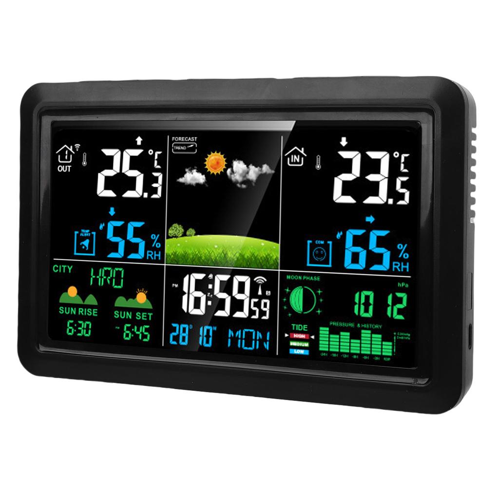 Weather Forecast Station Wireless 7.5 Inch Color Display Multi Functional Indoor Outdoor Thermometer Atomic Clock EU