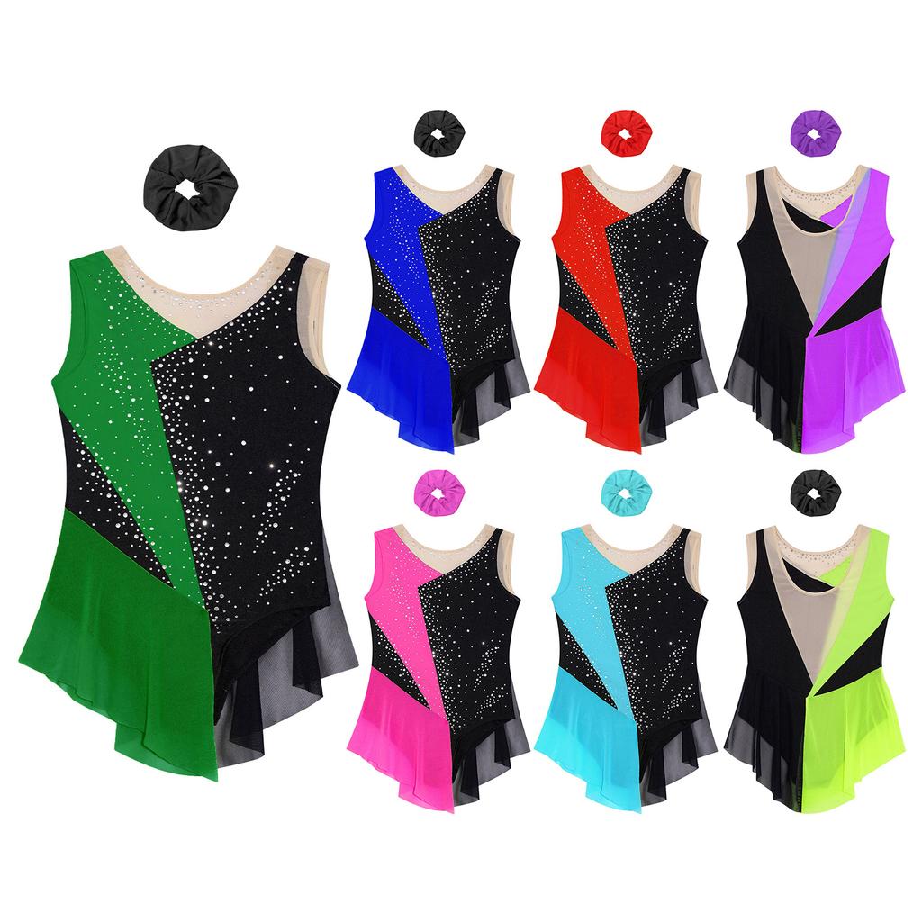 Eiskunstlauf-Tanz-Outfit für Mädchen, glitzernder Strass-Trikot in Farbblock-Optik, durchsichtiges Netzgewebe, Patchwork, rhythmische Sportgymnastik, Tanzbekleidung