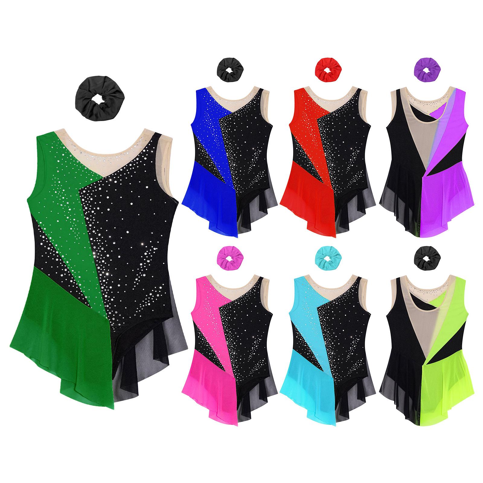 

Girls Sleeveless Ballet Gymnastic Leotard Kids Shiny Figure Skating Dress Roller Skater Dance Costume 5-6 Years флуоресцентний жовтий колір/чорний