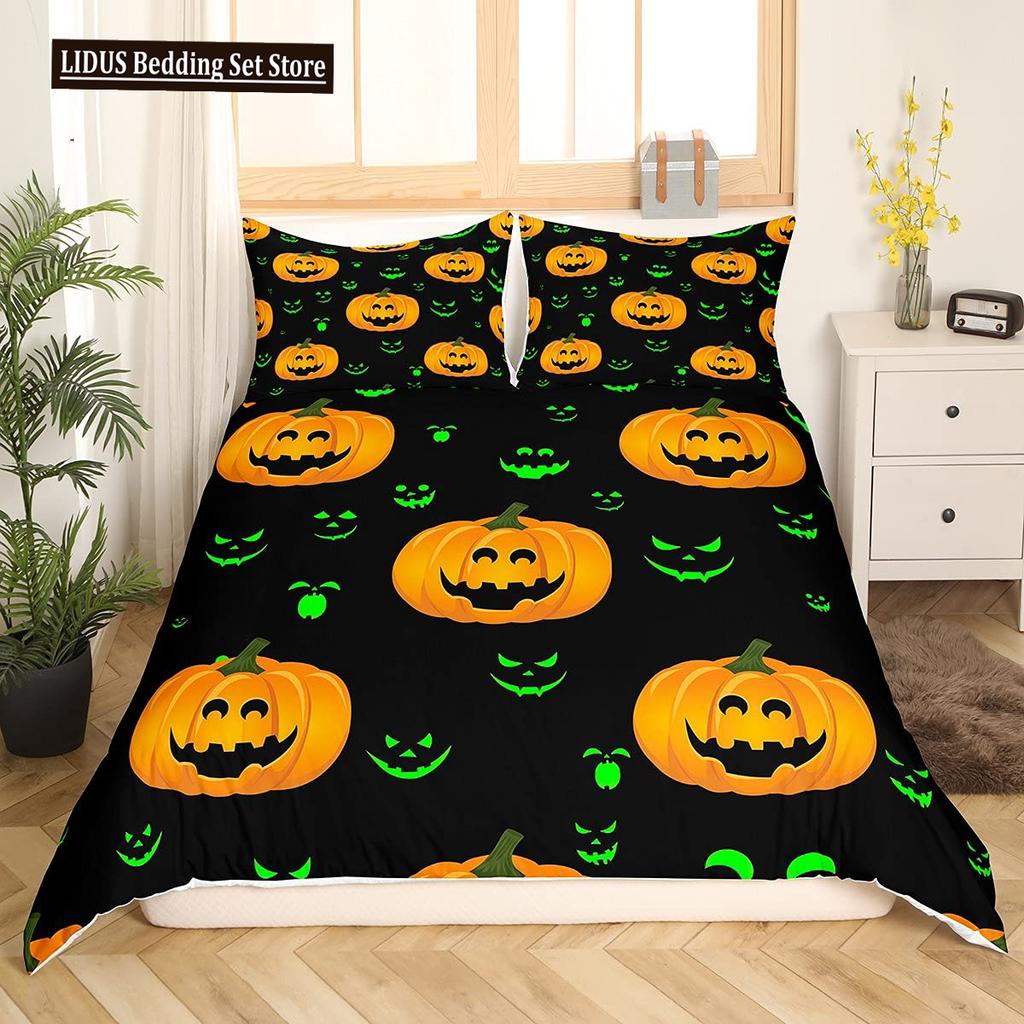 Halloween Bettbezug Cartoon Kürbislaterne Bettwäsche Geist Steppdeckenbezug Kinder Jungen Mädchen Halloween Geschenk Raumdeko 3-teilige Bettwäsche