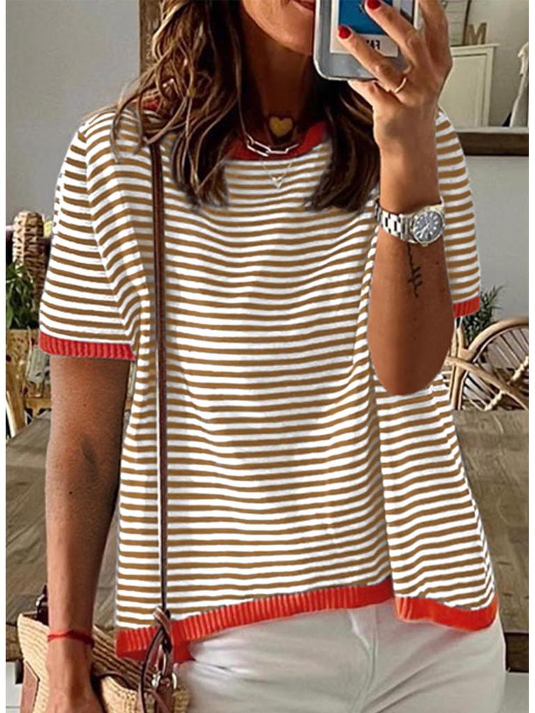2025 Striped Contrast Knit Sweater: European/American Style, Drop Shoulder, Short Sleeve Top