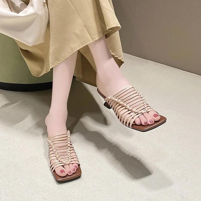 Fashion French Elegant Retro Hollow Woven Square Head Peep Toe Roman Sandals Comfortable Cool Slippers Casual All-match Women's Shoes