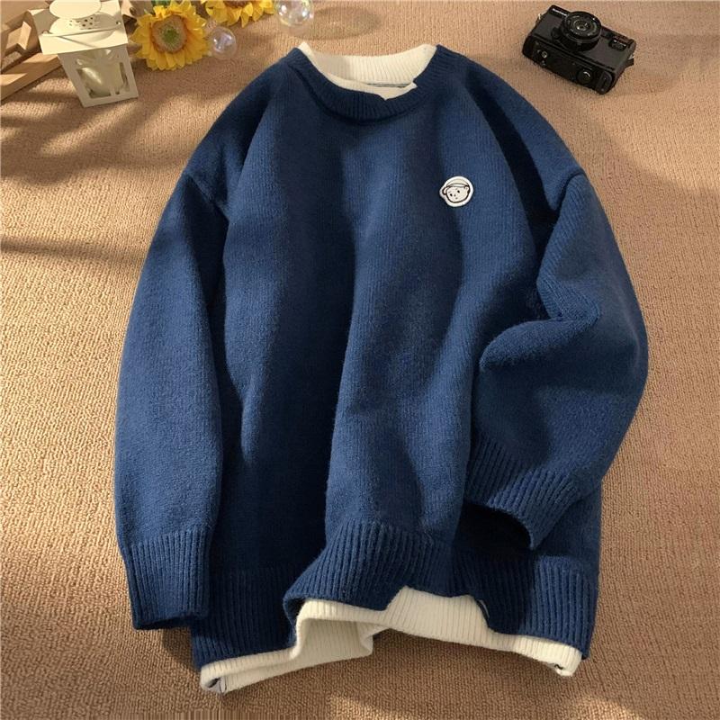 Men's Fake Two Piece Knit Sweater Crew Neck Casual Embroidered Pullover