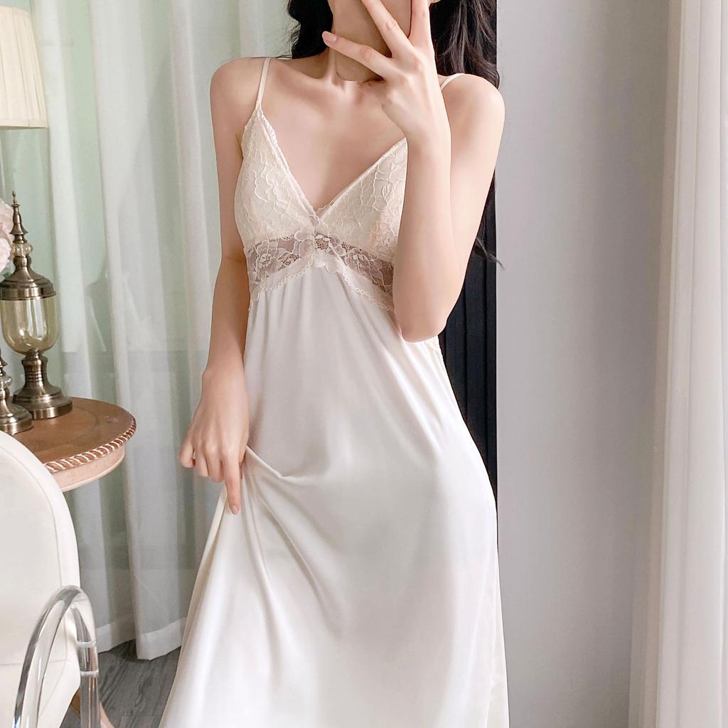 1011 New Ice Silk Suspender Nightdress Women's Spring and Autumn Dress Robe Two-piece Set Pure Desire Wind Sexy with Chest Pad Long