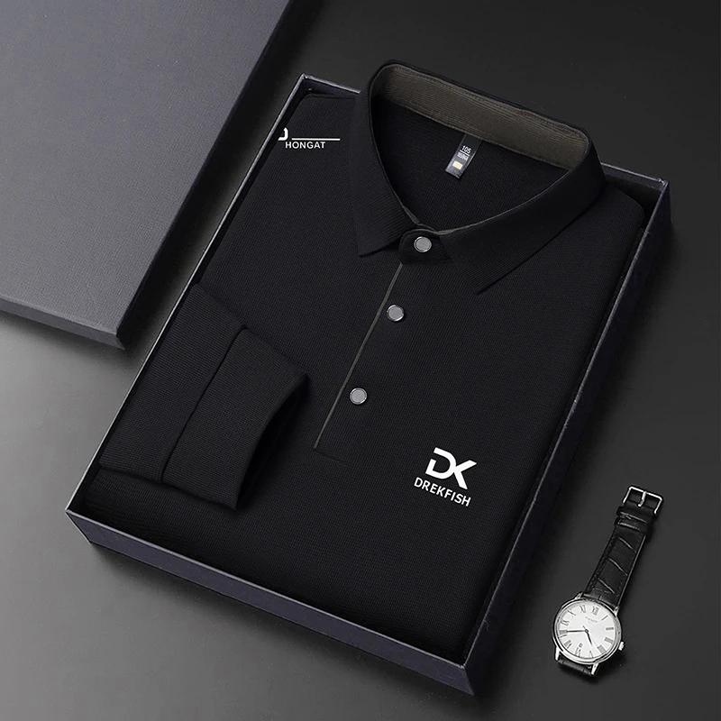 New Men'S Business Casual Long Sleeved Shirt With Badge Solid Color Polo Shirt Fashionable Breathable Comfortable Versatile Top