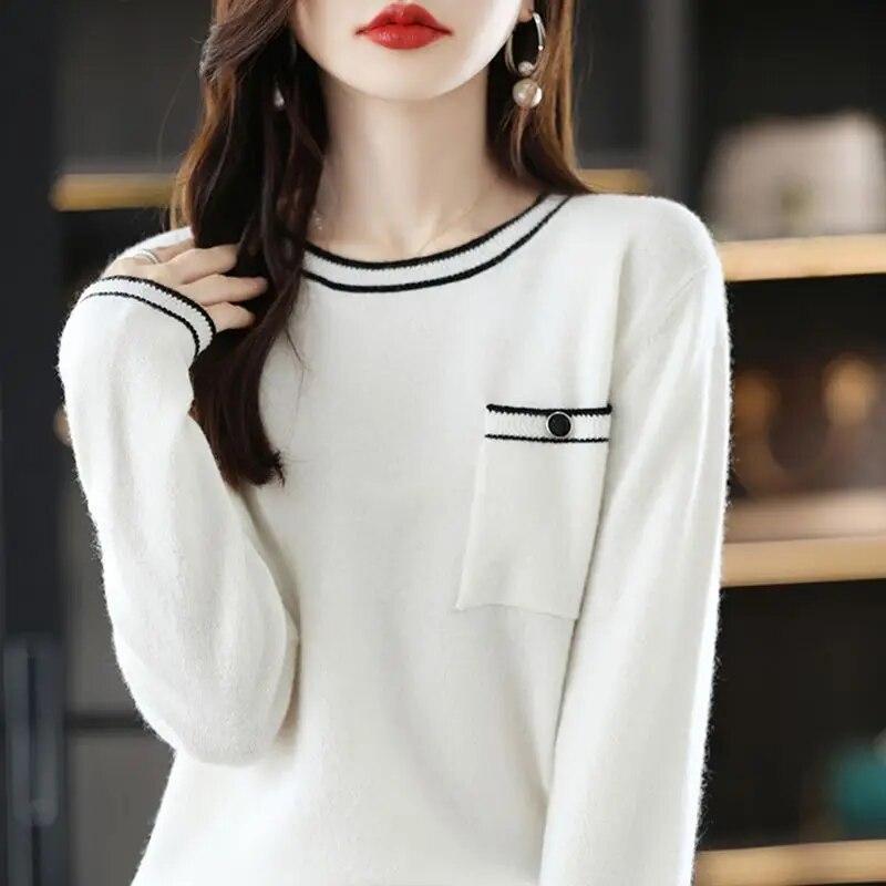 Sweater Pullover Female Spring and Autumn New Loose Colored Collar Round Neck Elegant Wool Knitted Sweater Pullover Female Top