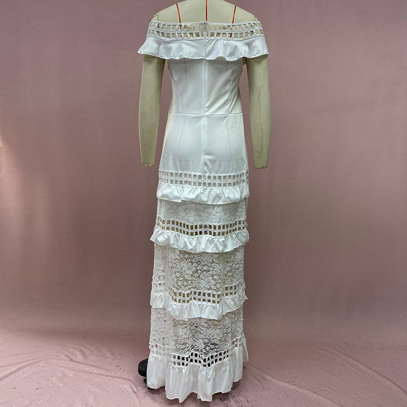 Cross-border Summer New European and American Foreign Trade Women's Dress Flounce Hollowed-out Lace Dress