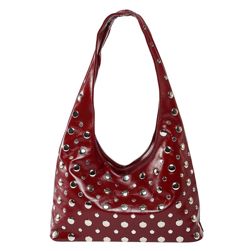 Fashion Glossy PU Rivets Unique Design Sweet Tote Bags Personality Popularity Commute Sense of Luxury Shoulder Bags for Women