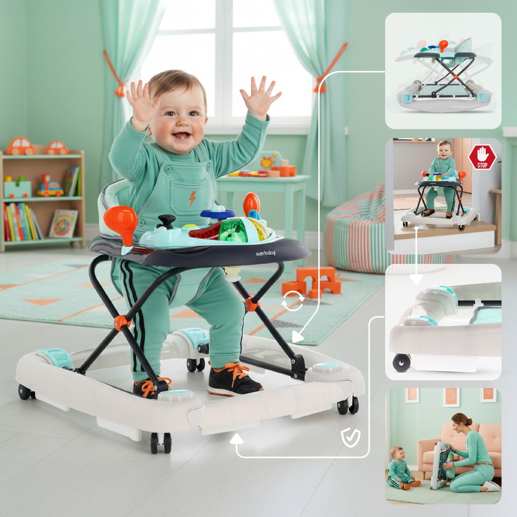Interactive Walker for Child Rocking Cradle with Steering Wheel Blue-Gray