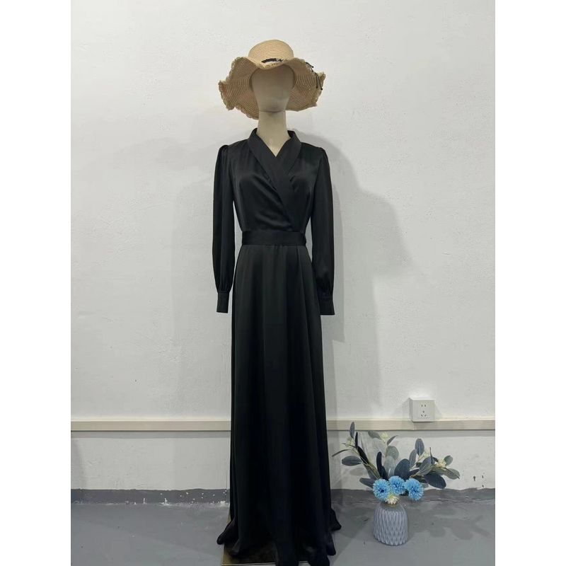 

Fashion Wind New Arrival Elegant V-neck Lace-up Waist-Controlled Long Sleeves Silm Dress V-Neck Lace up Dress Black M