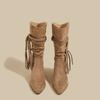[Fanfna] Premium Tassel Hemp Rope Martin Boots Women's Pointed Thick Heel Pile Boots Western Cowboy Boots Women's