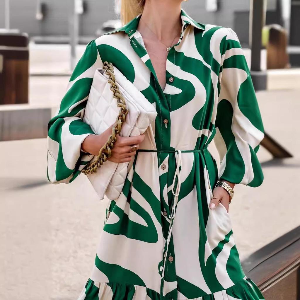 2025 European & American Spring/Autumn Fashion Print Long Shirt Dress with Tie-Up and Pockets