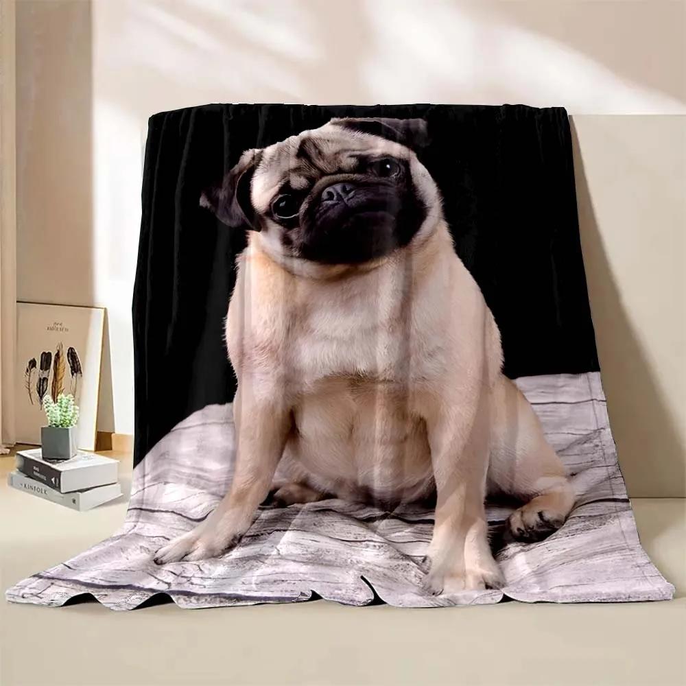Cute Pet Dog Pug Print Throw Blanket Soft Cozy Flannel Blanket Lightweight Warm Bed Blanket for Couch Sofa Camping Office Travel