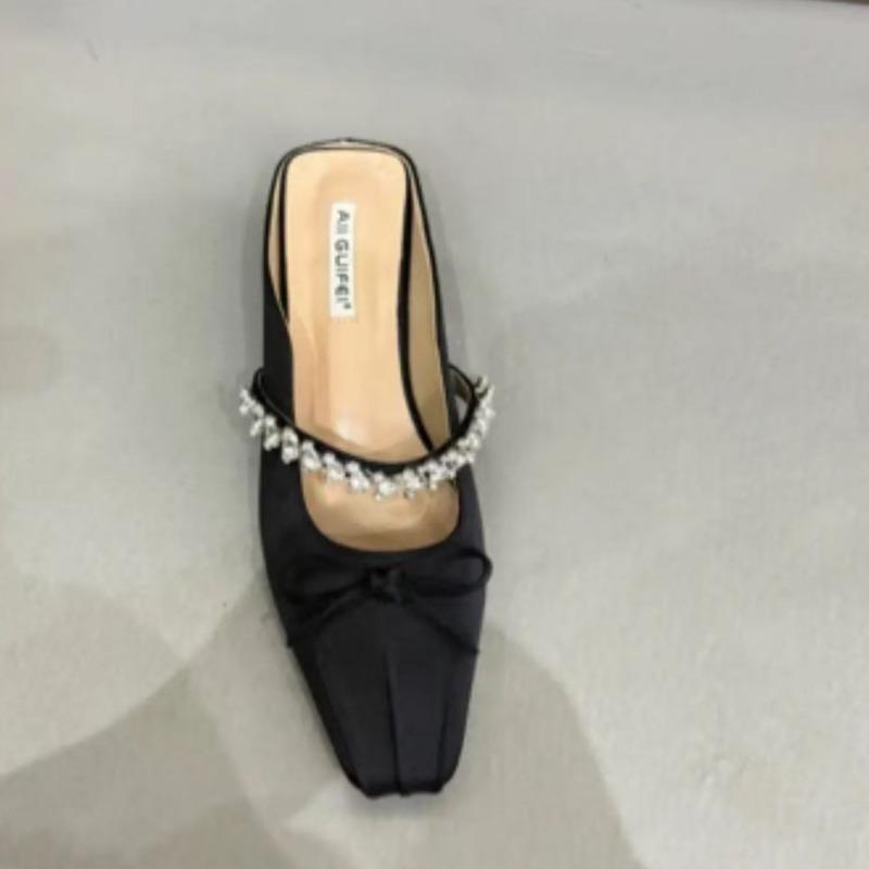 Fashion New Slippers Spring New Square Head Shallow Mouth Flannelette Butterfly Knot Crystal Line with Soft Sole Non-slip Low Heel Shoes