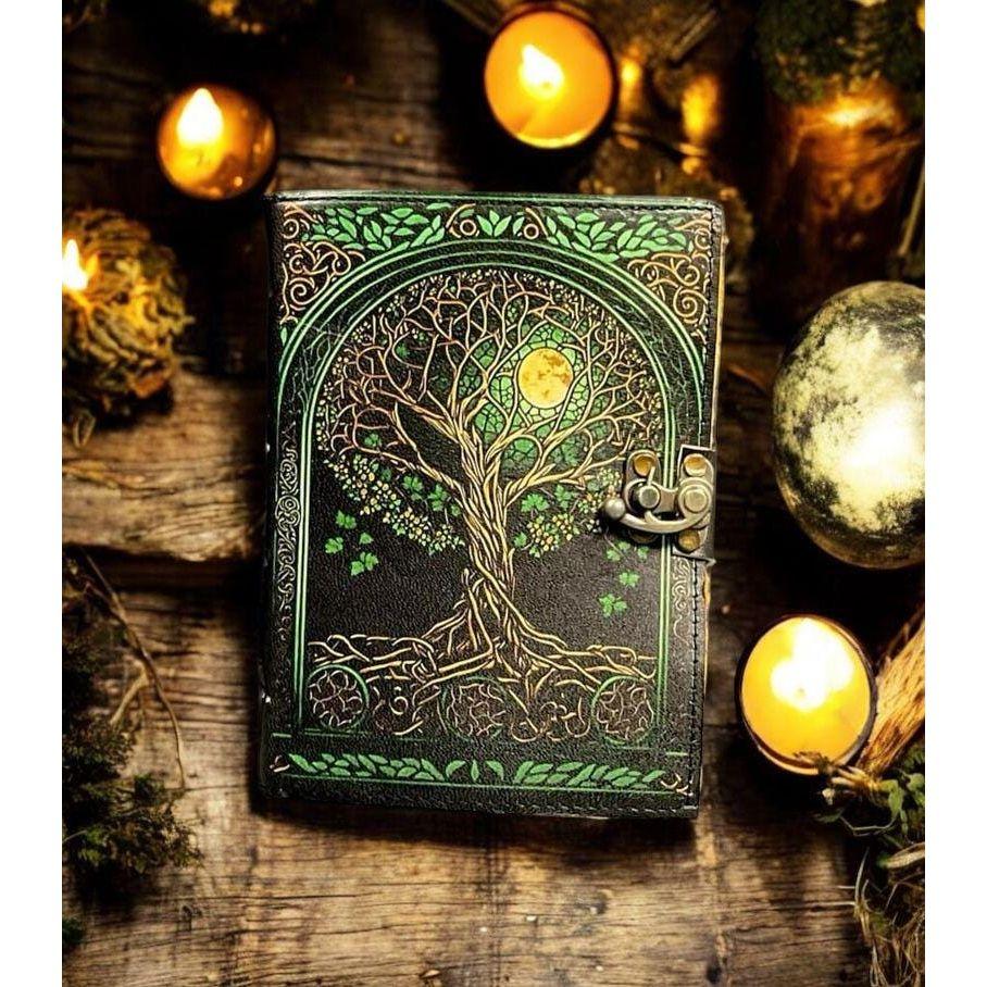 Grimoire Vintage Leather Journal, Tree of Life Fat Journal, Blank Spell Book of Shadows Celestial Gifts For Him Her
