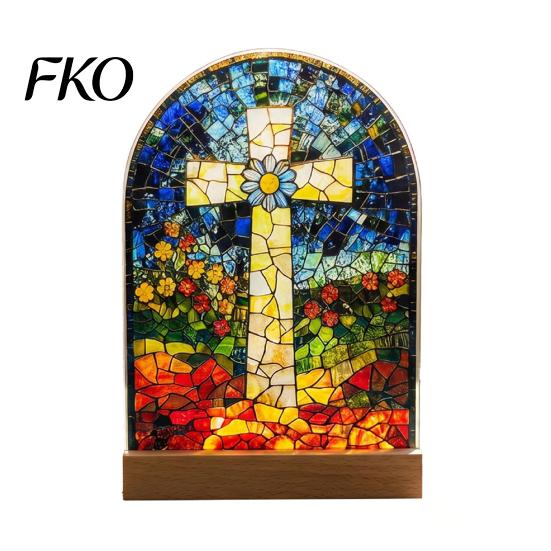 Colorful Stained Glass Decor Desktop Decoration Ornaments with Solid Wood Base, Acrylic Exquisite Tabletop Style Double Sided Suncatcher, Gift H