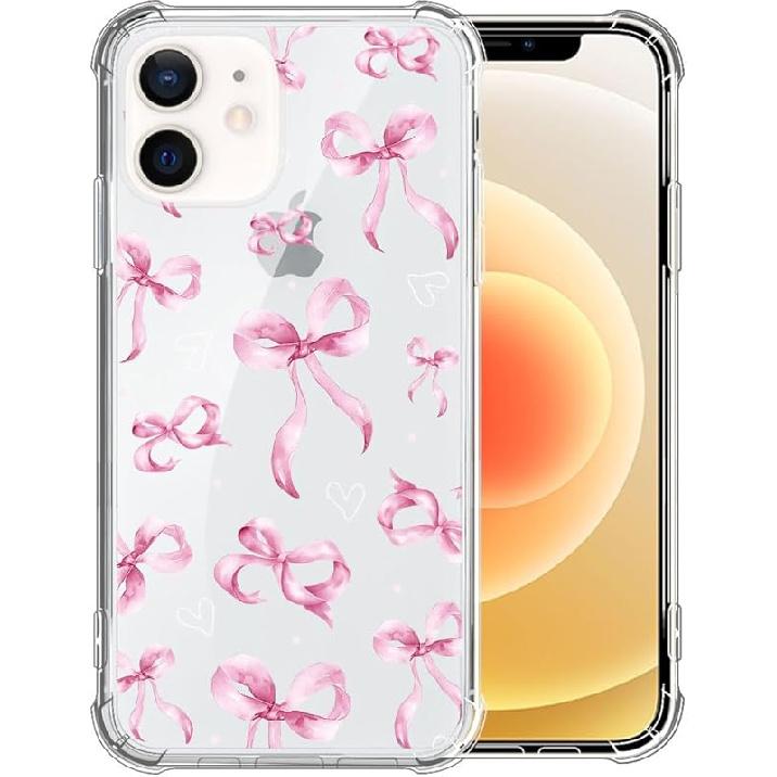 for iPhone 12 Mini Case Clear,TLT Pink Bow Transparent Soft Shockproof Protective Slim Thin Bumper Pattern Design Phone Case