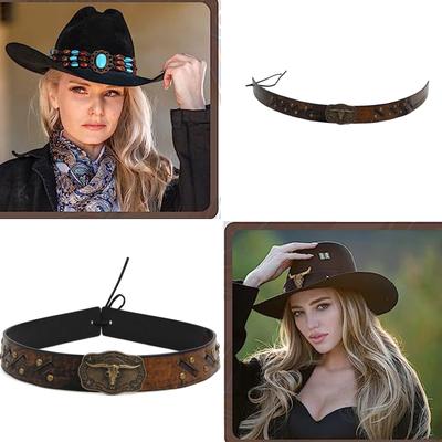 Cowboy Hat Band for Adult with Bull Head Buckle Vintage Ethnic Panama Cap Band for Women Men Fedora Hat Accessories