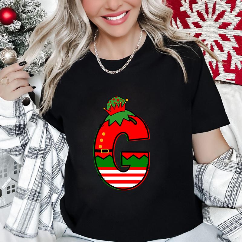 Womens Christmas Alphabet AZ Graphic Print Tshirt Holiday Casual Top with Santa Letters Perfect for Xmas Party Street Wear