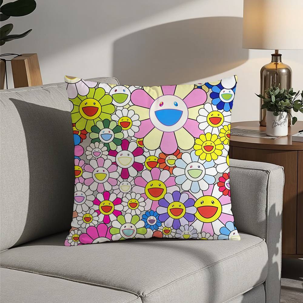 Design Art Kawaii Flowers Pillow Case Square Double‑Sided Print Cushion Case For Sofa Home Bedchamber Decor Gift
