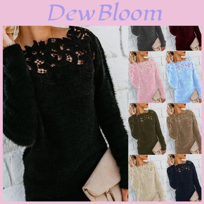 Cozy Women's Autumn Winter Fleece Sweater Tops With Elegant Lace Design For Style