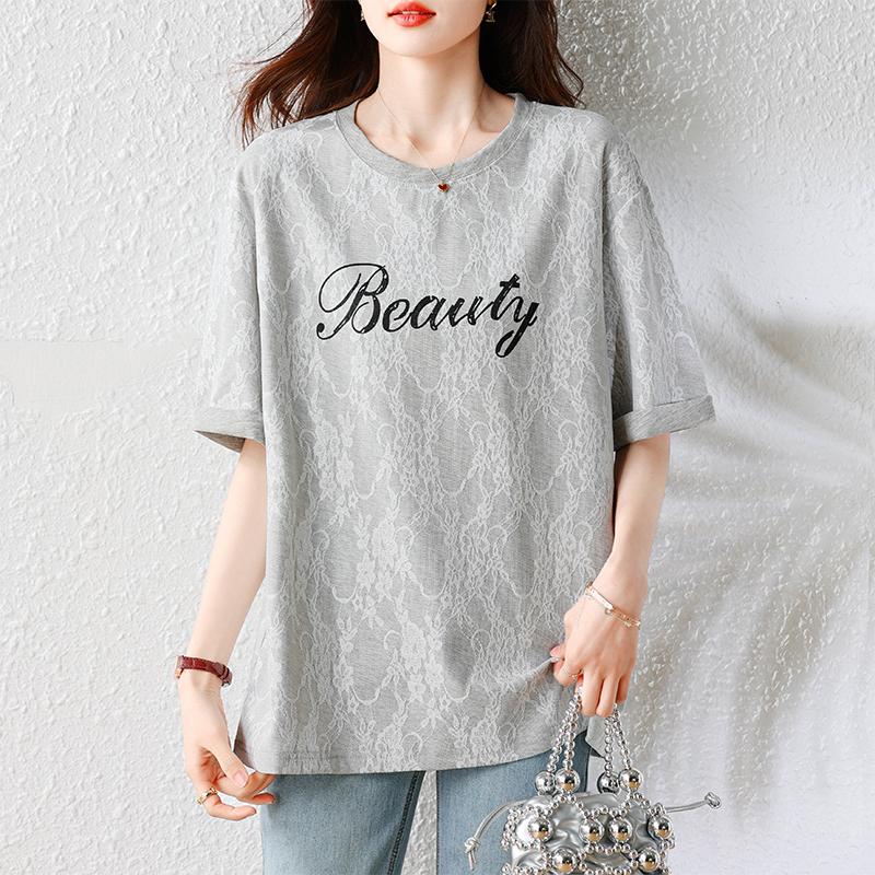 DIMANAF 2025 New Summer Plus Size T-Shirt Fashion Women O-Neck Letter Printing Short Sleeve Solid Loose Lace Tops Tees