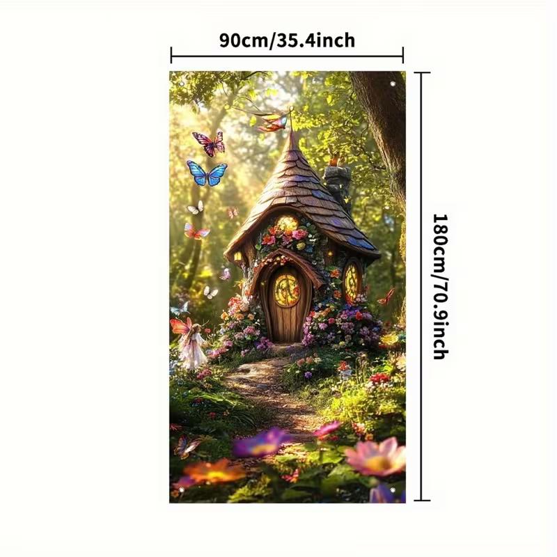 2D Enchanted Fairy Cottage with Butterflies Door Photography Background