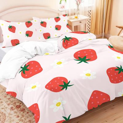 3-teilige Bettwäsche mit Erdbeerdruck ohne Kern, Schlafzimmer, Wohnzimmer, mehrere Größen, maschinenwaschbar, weich und bequem