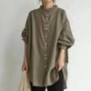 Camisa de Manga Larga de un Solo Botón con Cuello Alto Retro para Otoño e Invierno, Camisa Básica Casual Suelta de Color Sólido de Algodón y Lino para Mujer
