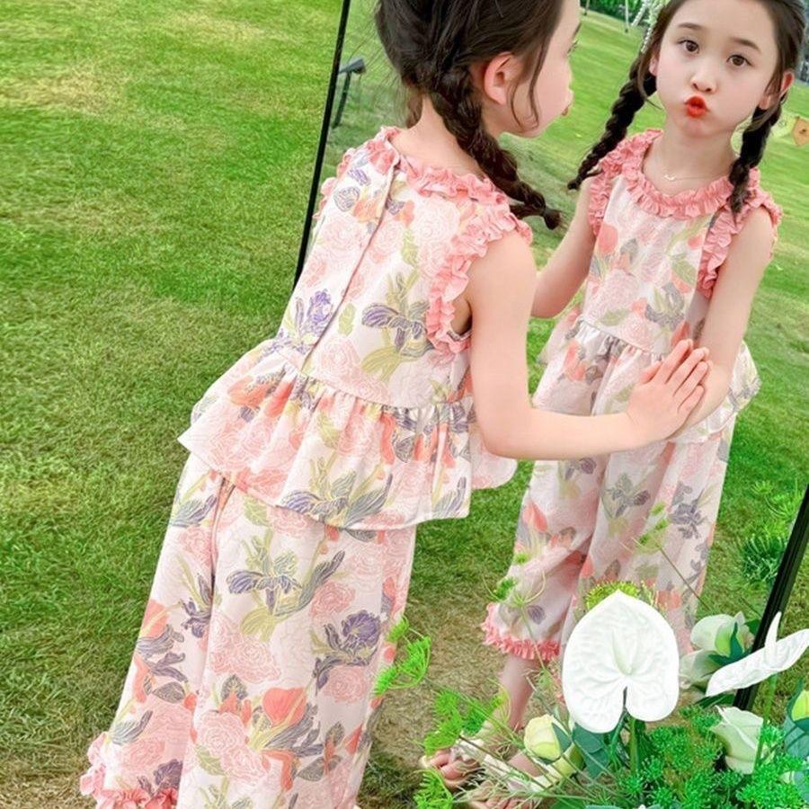 Summer 0-10 Years Girls Floral Printed Suit Baby Girl Sleeveless 2pcs Clothing Set