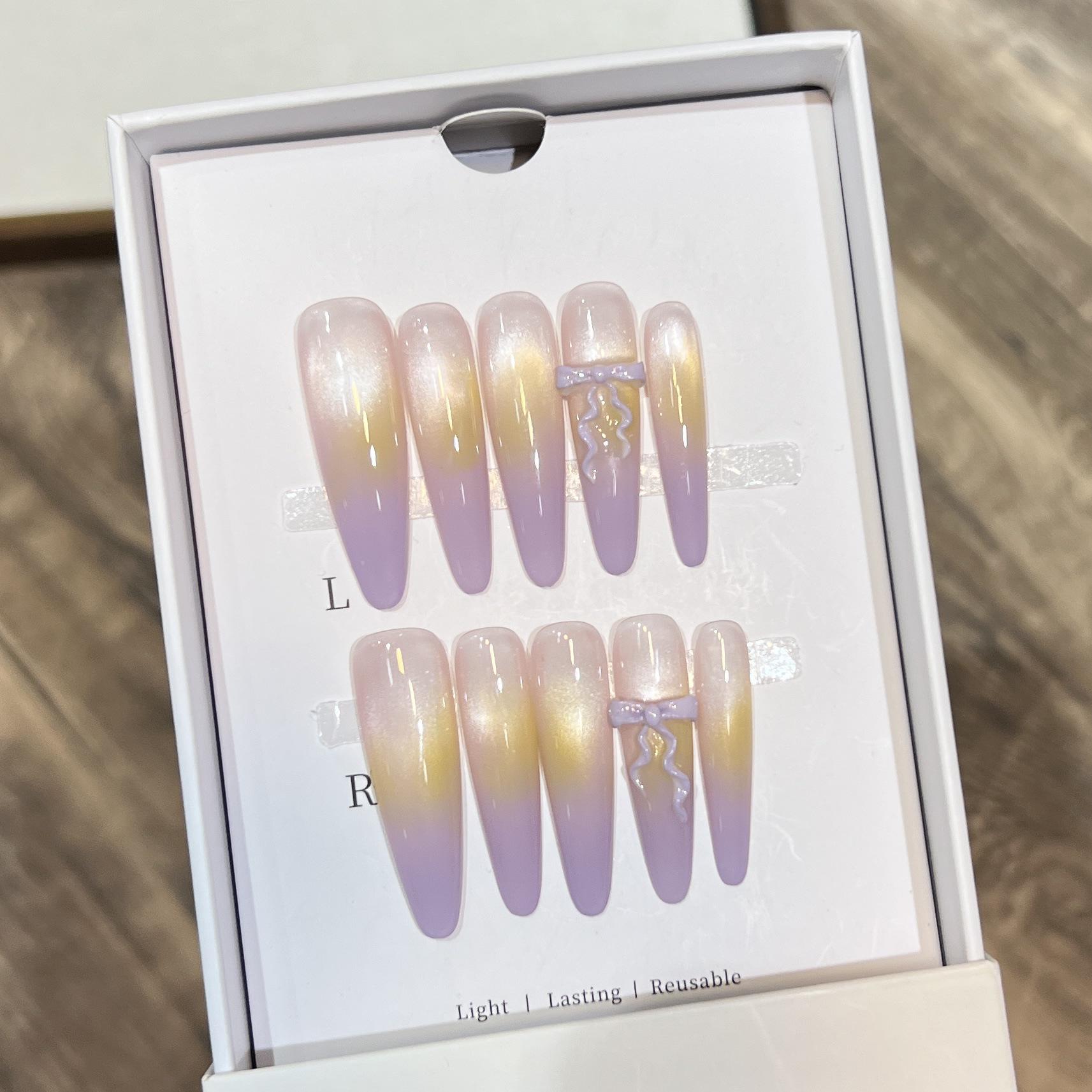 

Handmade Cat Eye Press-on Nails - Dreamy Violet Bow Detachable Tips Medium M