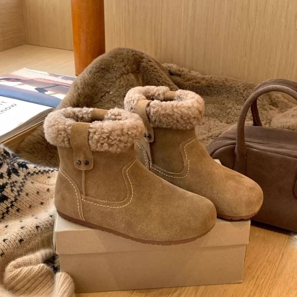 Women's Boots Faux Fur Flat Ankle Mid-Calf Cowhide Vintage Buckle Boots Cotton Shoes for Women