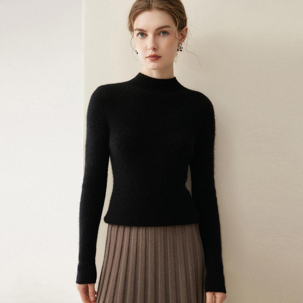 Women's 100% Cashmere Long Sleeve Knit Sweater - Half-High Neck, Tight-Fitting, Versatile Base Layer for Autumn/Winter.