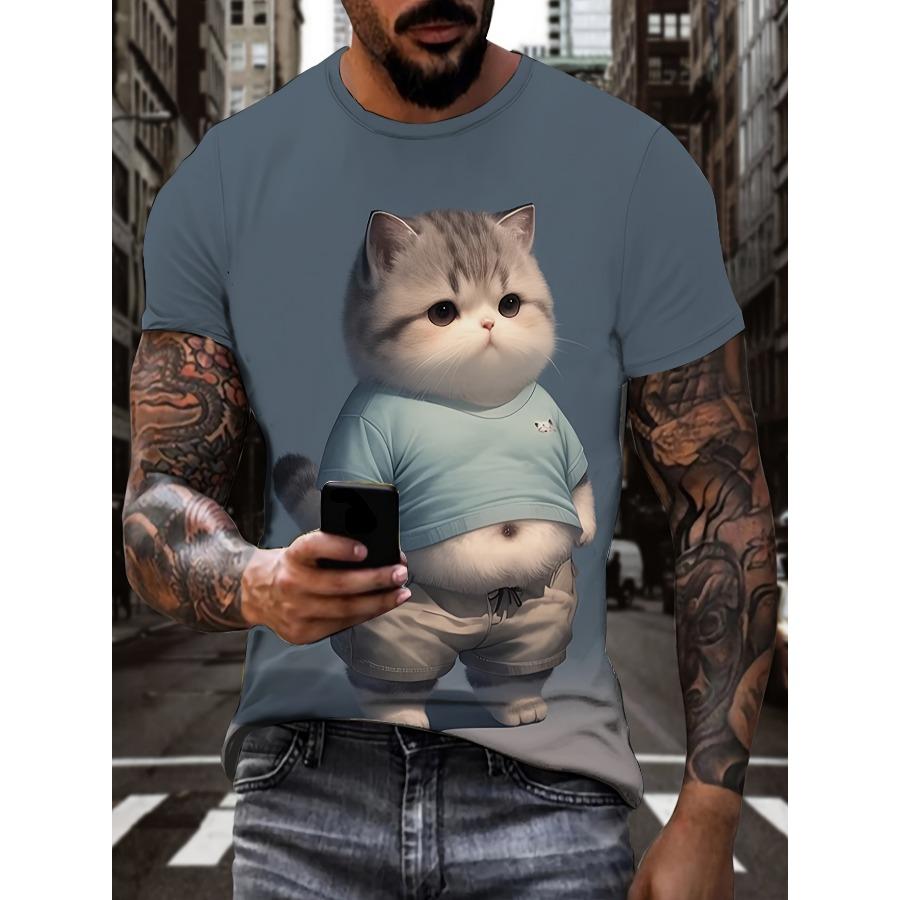 2025 Vtipné tričko s potiskem tlusté kočky, tričko s krátkým rukávem, 3D potisk, módní tričko s kulatým výstřihem, zelené, letní, jarní, roztomilé oblečení