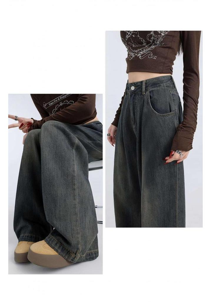 Women's Cement Gray High-Waisted Wide-Leg Jeans - Autumn Winter Retro Style, Petite Loose Fit