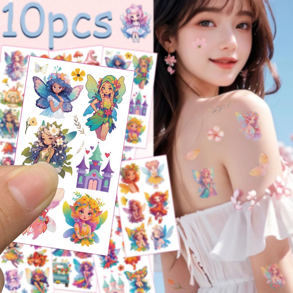 10sheets Colorful Flower Fairy Tattoo Stickers For Face Arm Body Temporary Decorative Tattoo Stickers Girls Creative Gifts