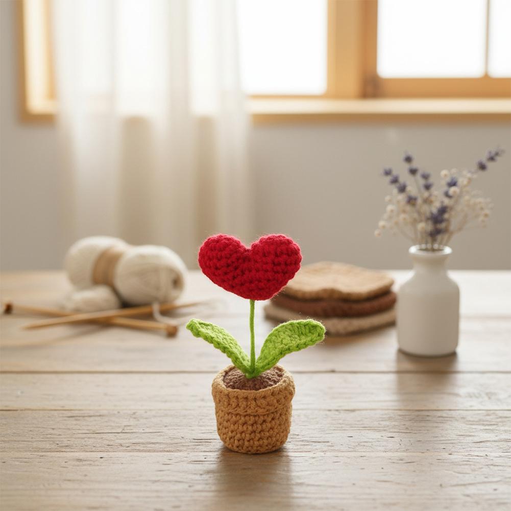 1pcs Crocheted Potted Plant Artificial Flower Heart Decor Knitted Mini Flower Desktop Home Decoration Creative Gift Ornament