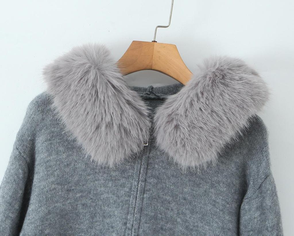 French-Style Faux Fur Collar Zipper Cardigan - Women's Autumn/Winter Sweater